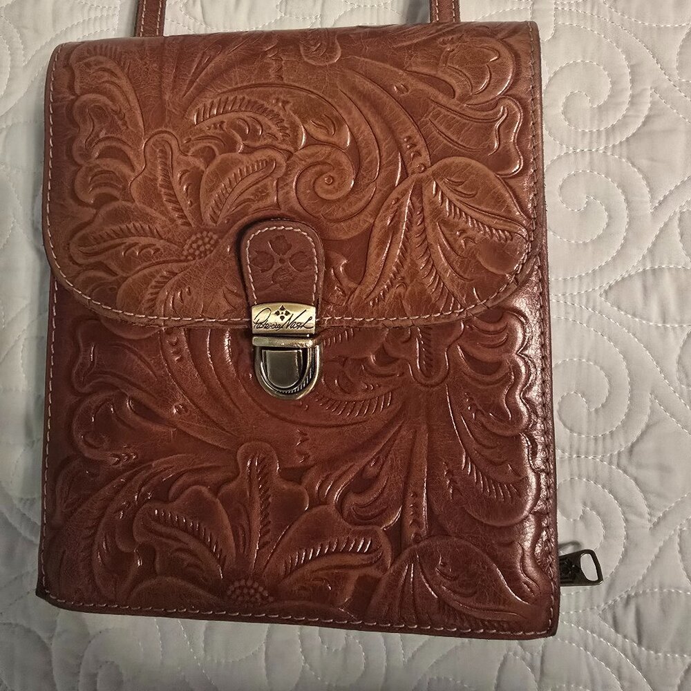 Patricia Nash Brown Tooled Leather Crossbody Organizer Bag w/Dust Bag VG Cond